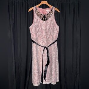 Adrianna Papell Pink Lace Midi Dress with Brown Ribbon